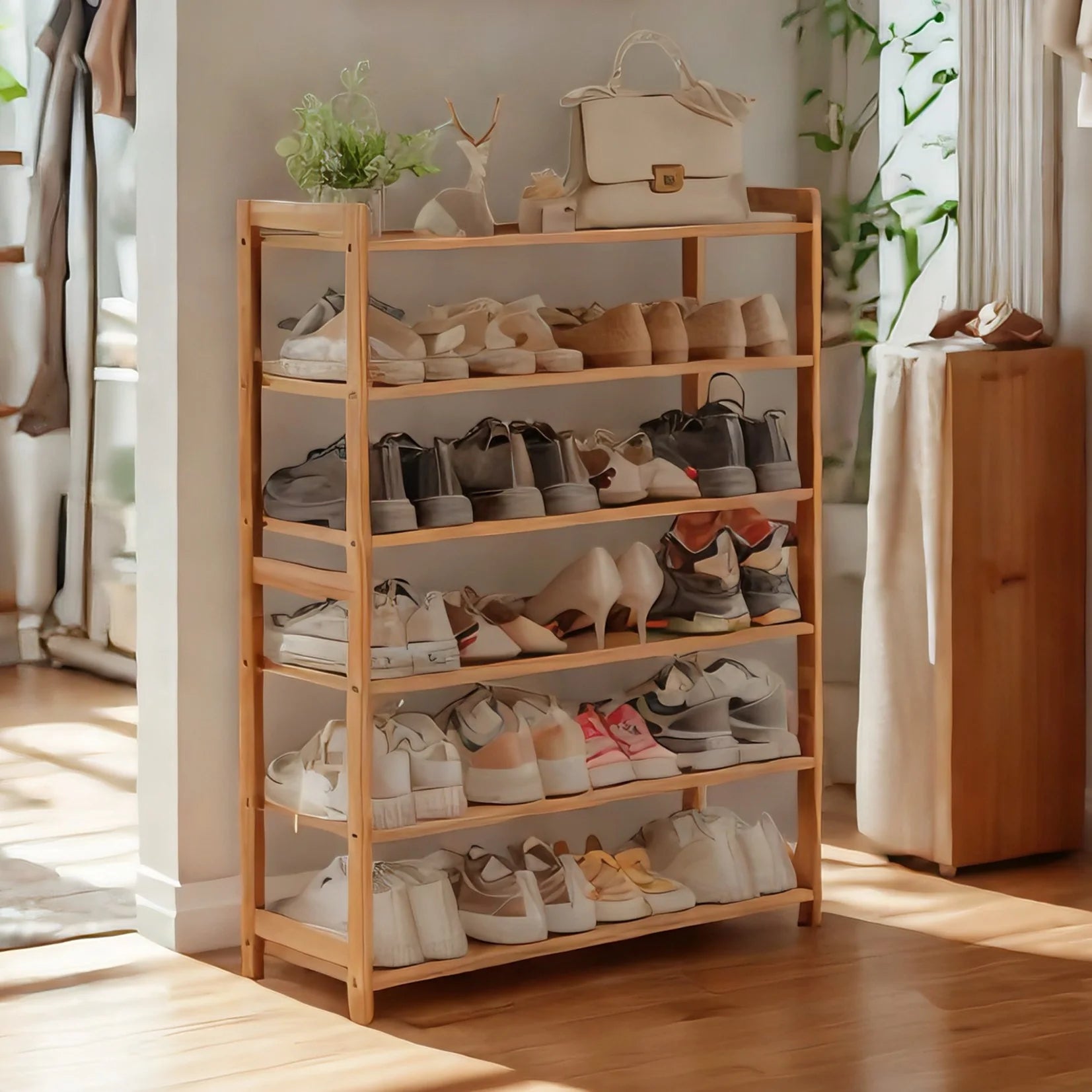 6 Tier Natural Wood Bamboo Storage Shoe Rack 