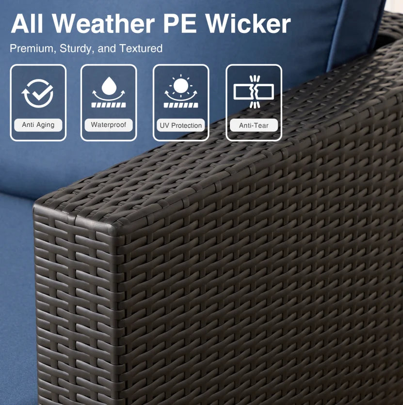 7 Pieces Wicker Conversation Set Outdoor Sectional Sofa with Coffee Table Dark Blue