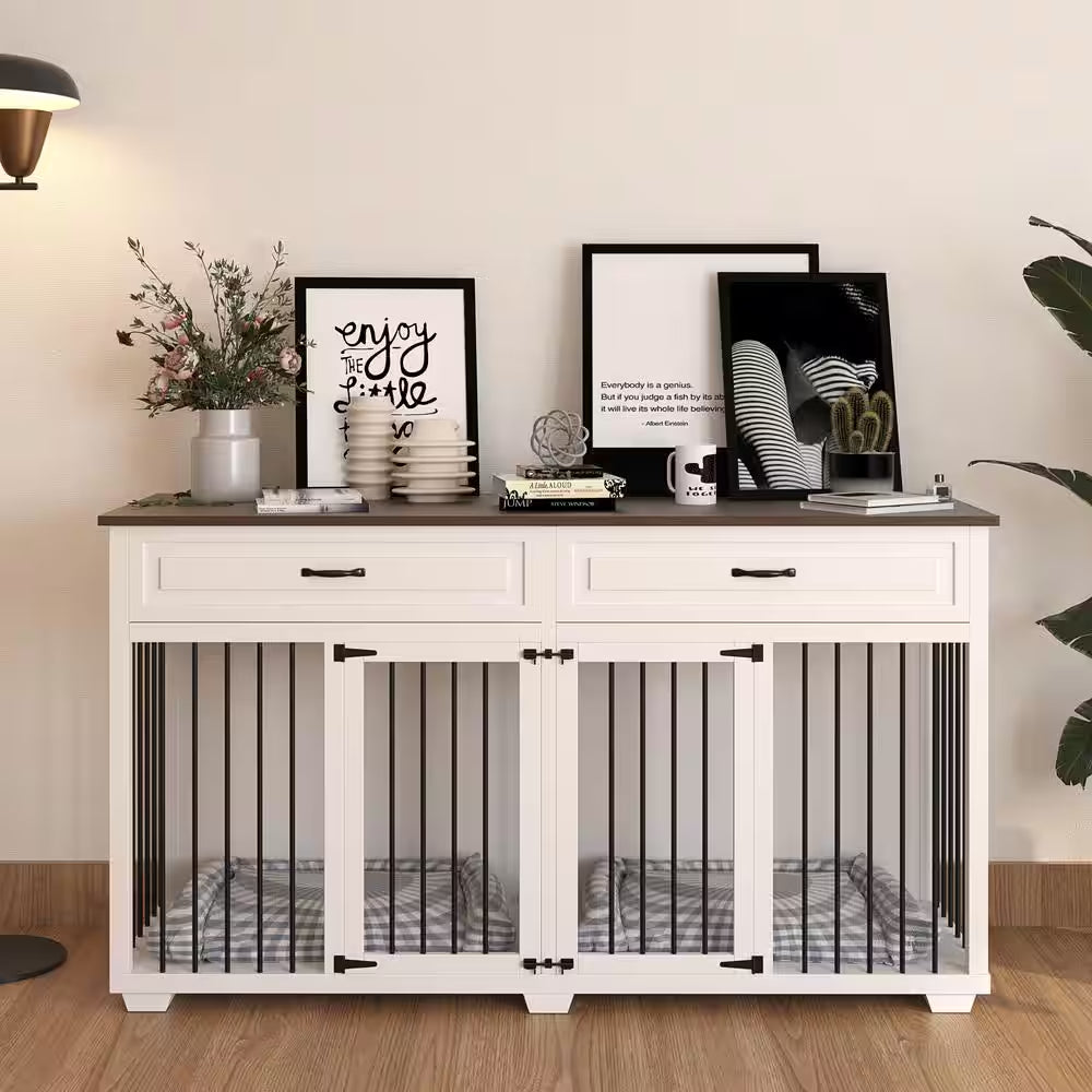 White Wooden Accent Storage Cabinet with Dog Crates Cage 