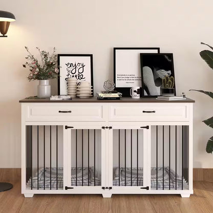 White Wooden Accent Storage Cabinet with Dog Crates Cage 
