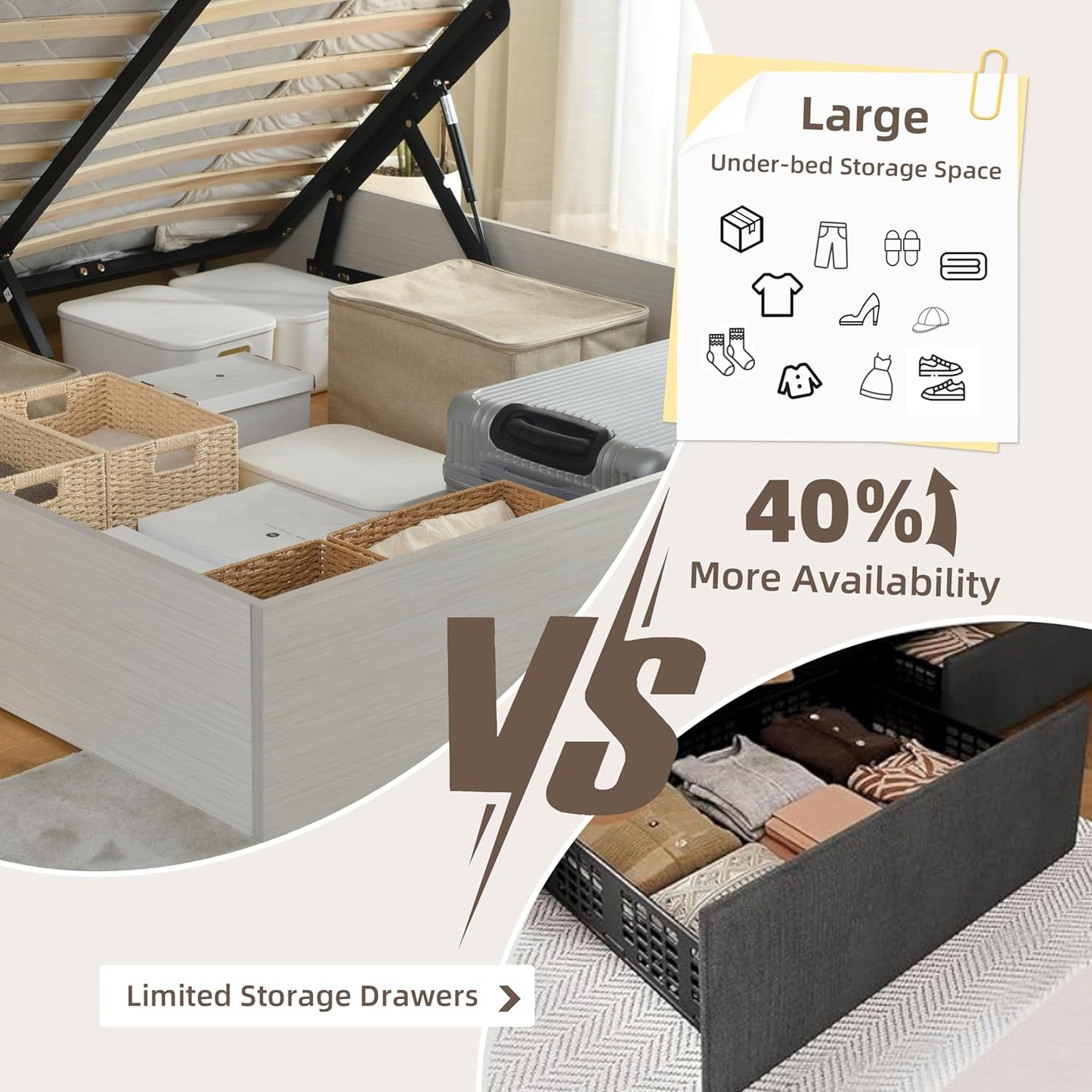  Rustic off White Queen Size Lift up Storage Platform Bed Frame