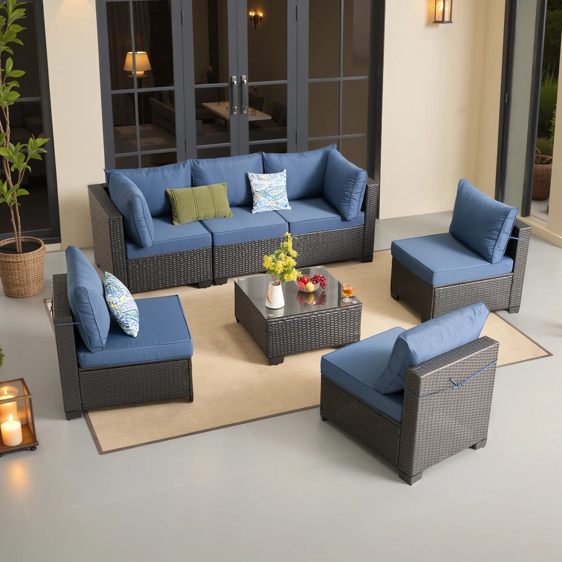 7 Pieces Wicker Conversation Set Outdoor Sectional Sofa with Coffee Table Dark Blue