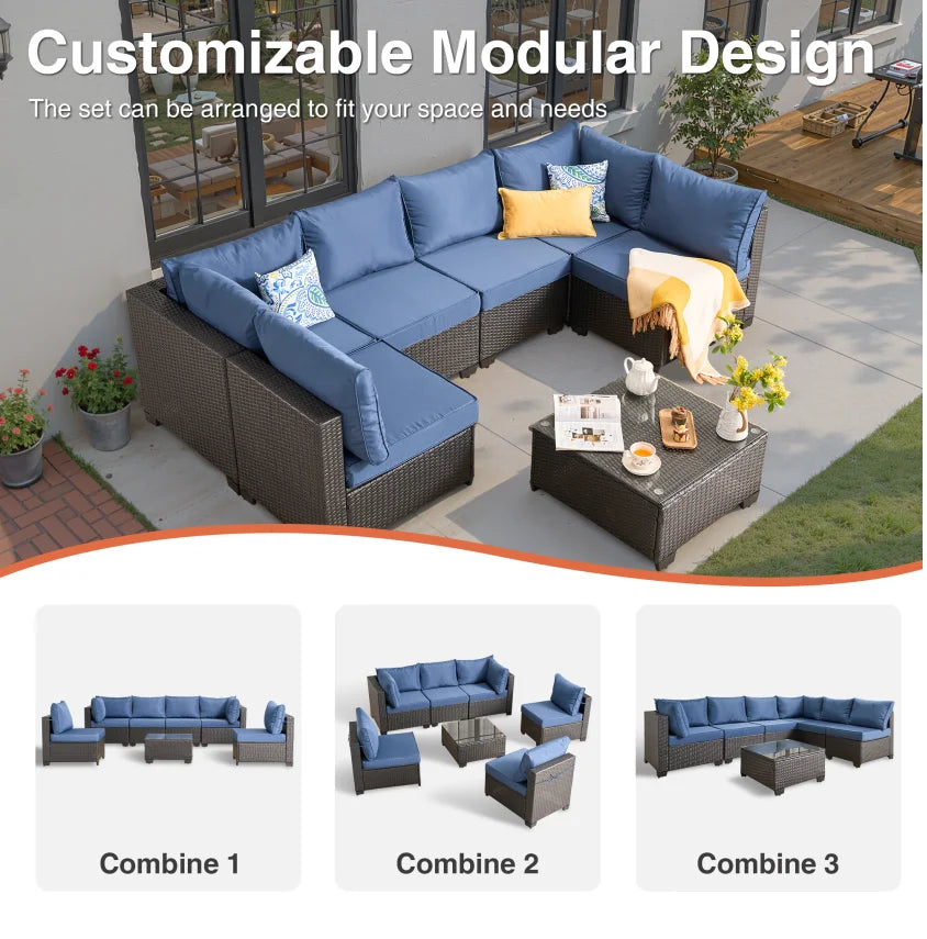 7 Pieces Wicker Conversation Set Outdoor Sectional Sofa with Coffee Table Dark Blue