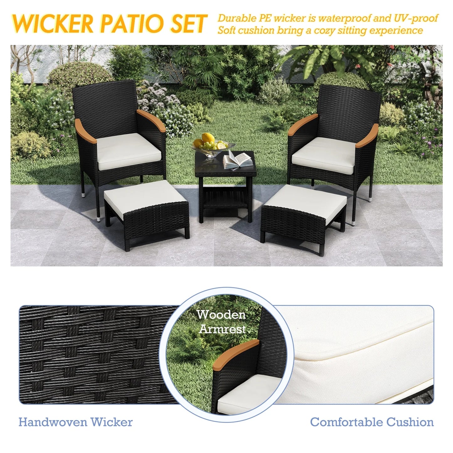 Bistro Wicker Patio Set (Black Wicker&White Cushion)