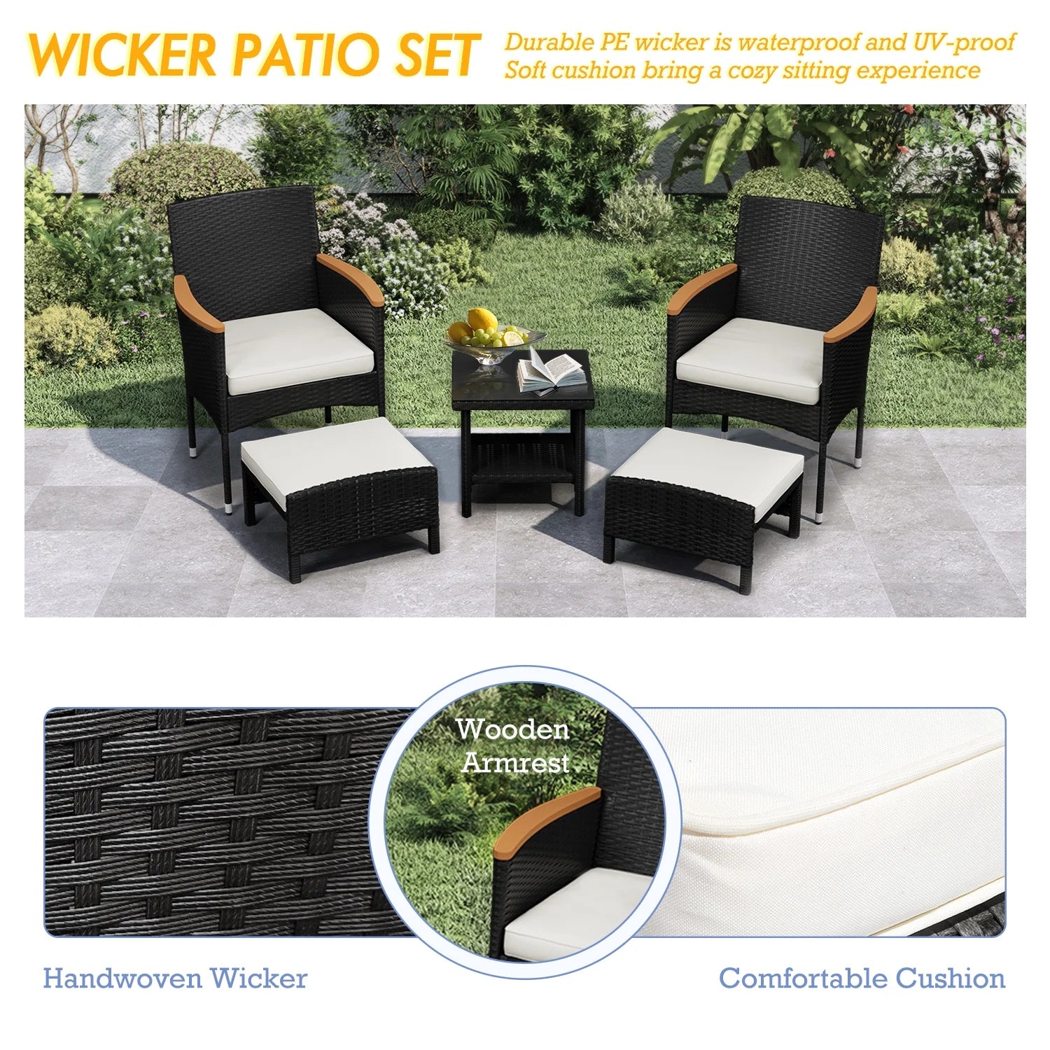 Bistro Wicker Patio Set (Black Wicker&White Cushion)
