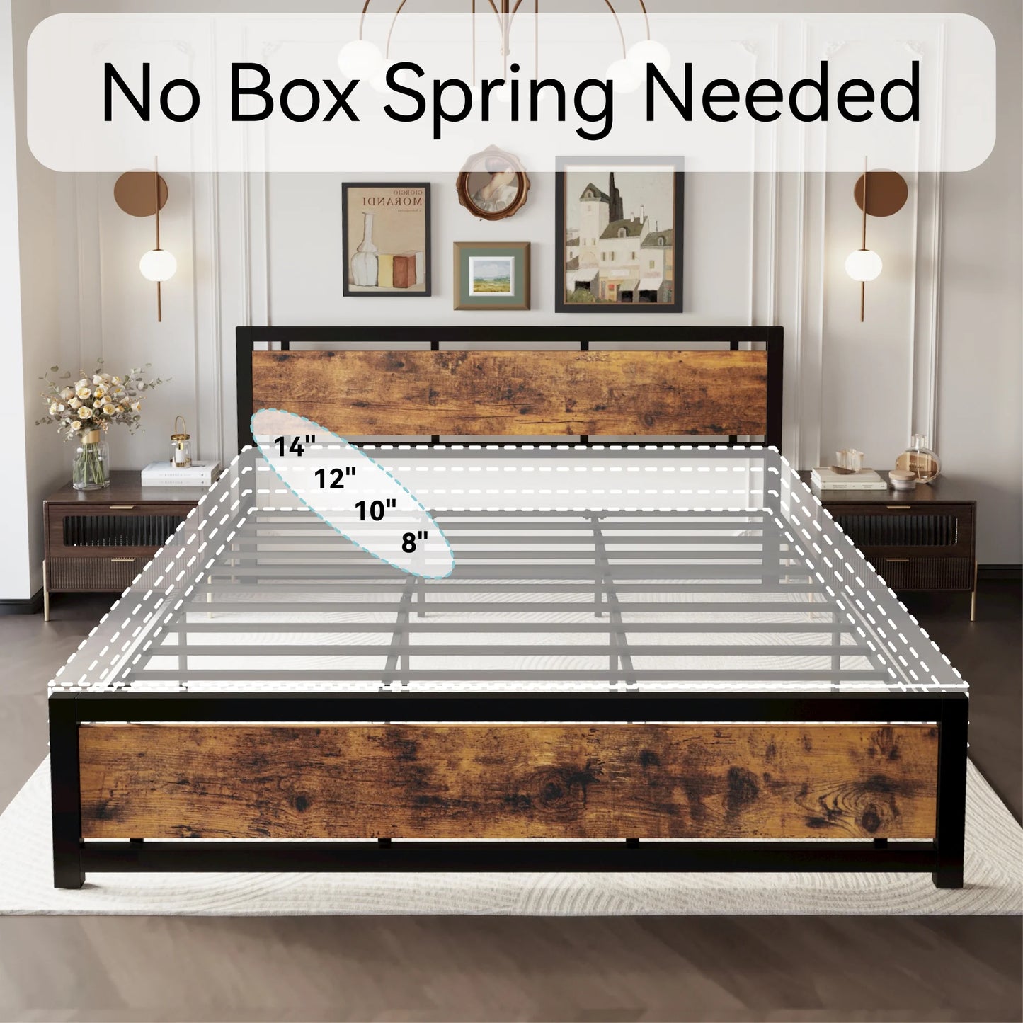 King Platform Bed Frame with Headboard and under Bed Storage, No Box Spring Needed