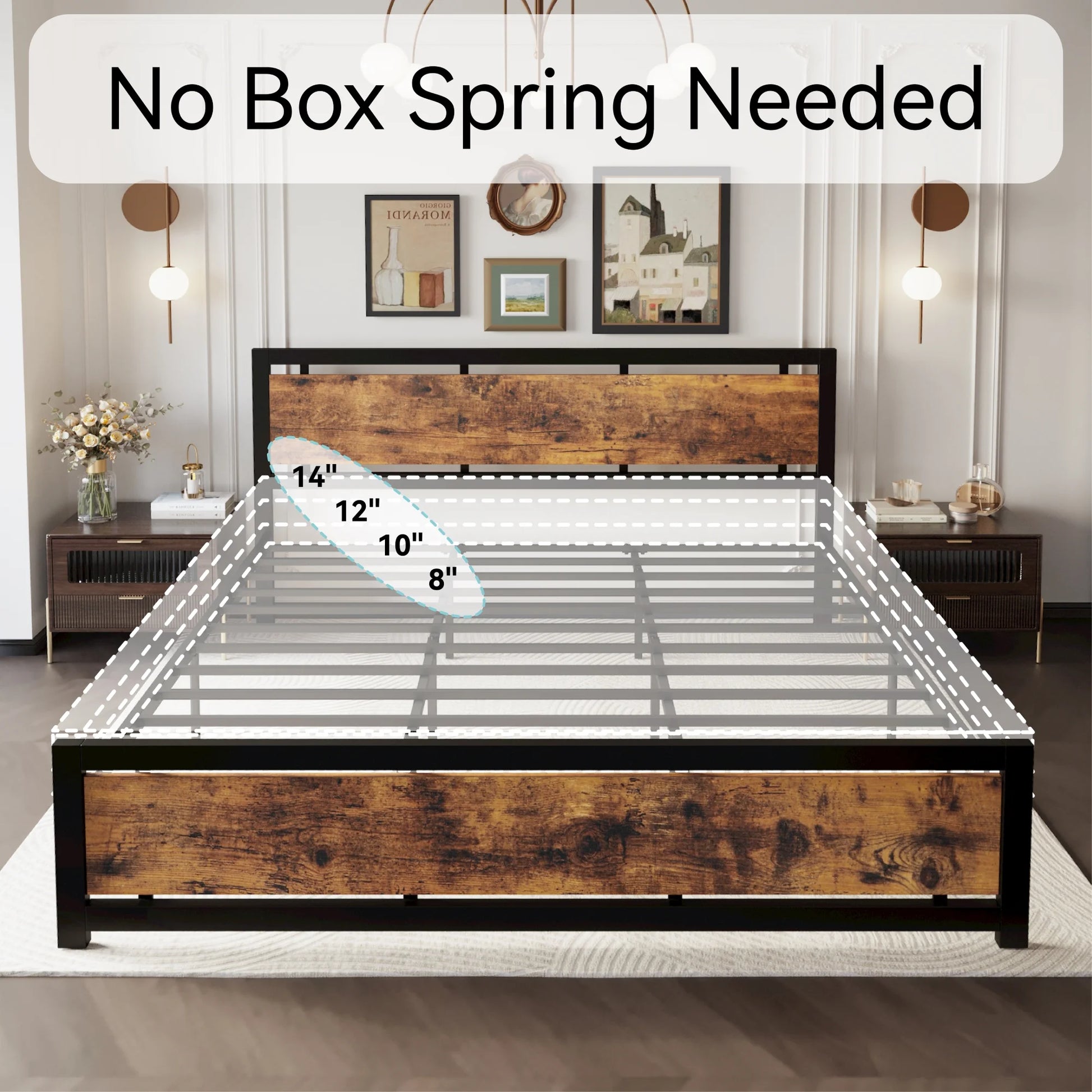King Platform Bed Frame with Headboard and under Bed Storage, No Box Spring Needed
