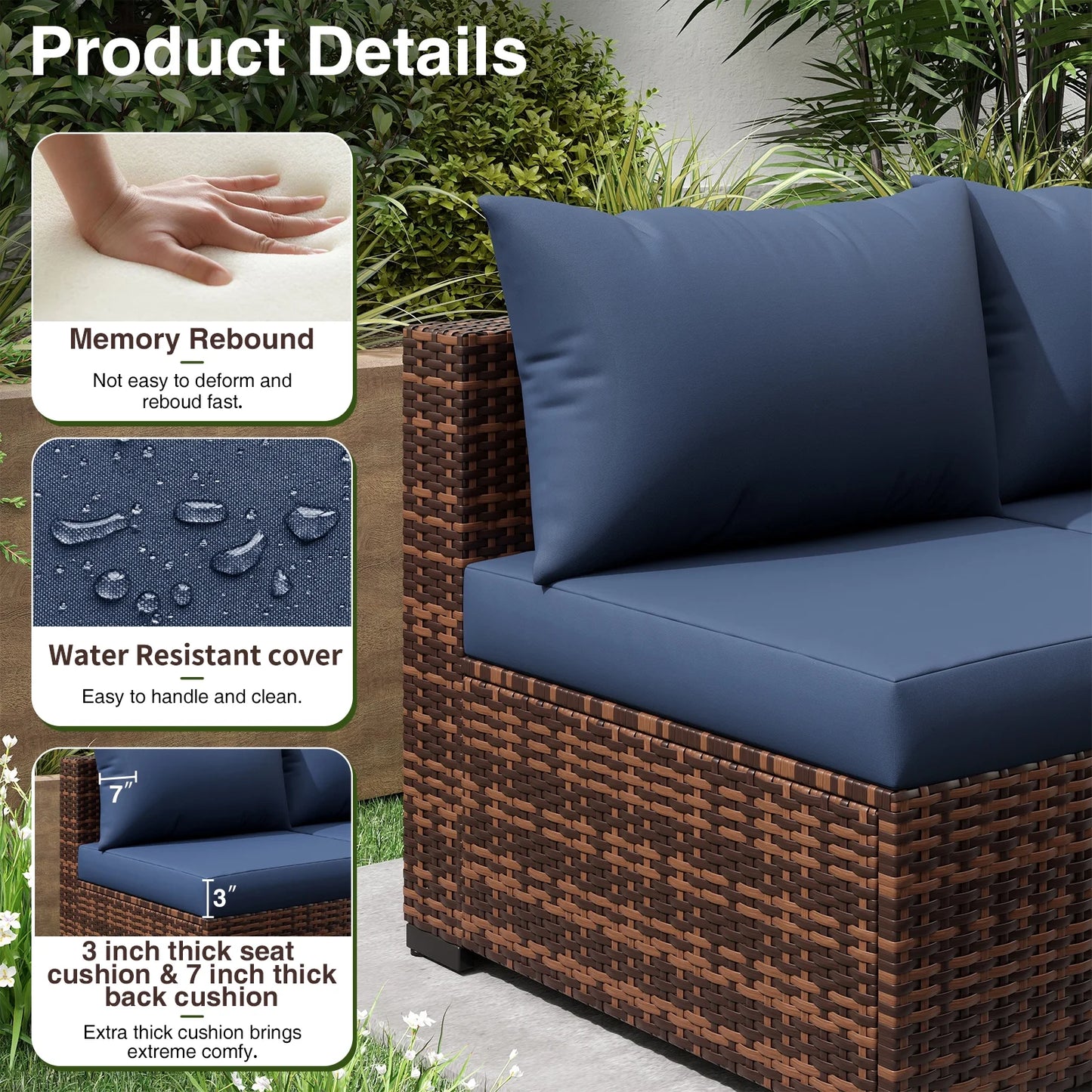 Furniturewicker Sectional Furniture 7 Piece Set (Navy Blue)