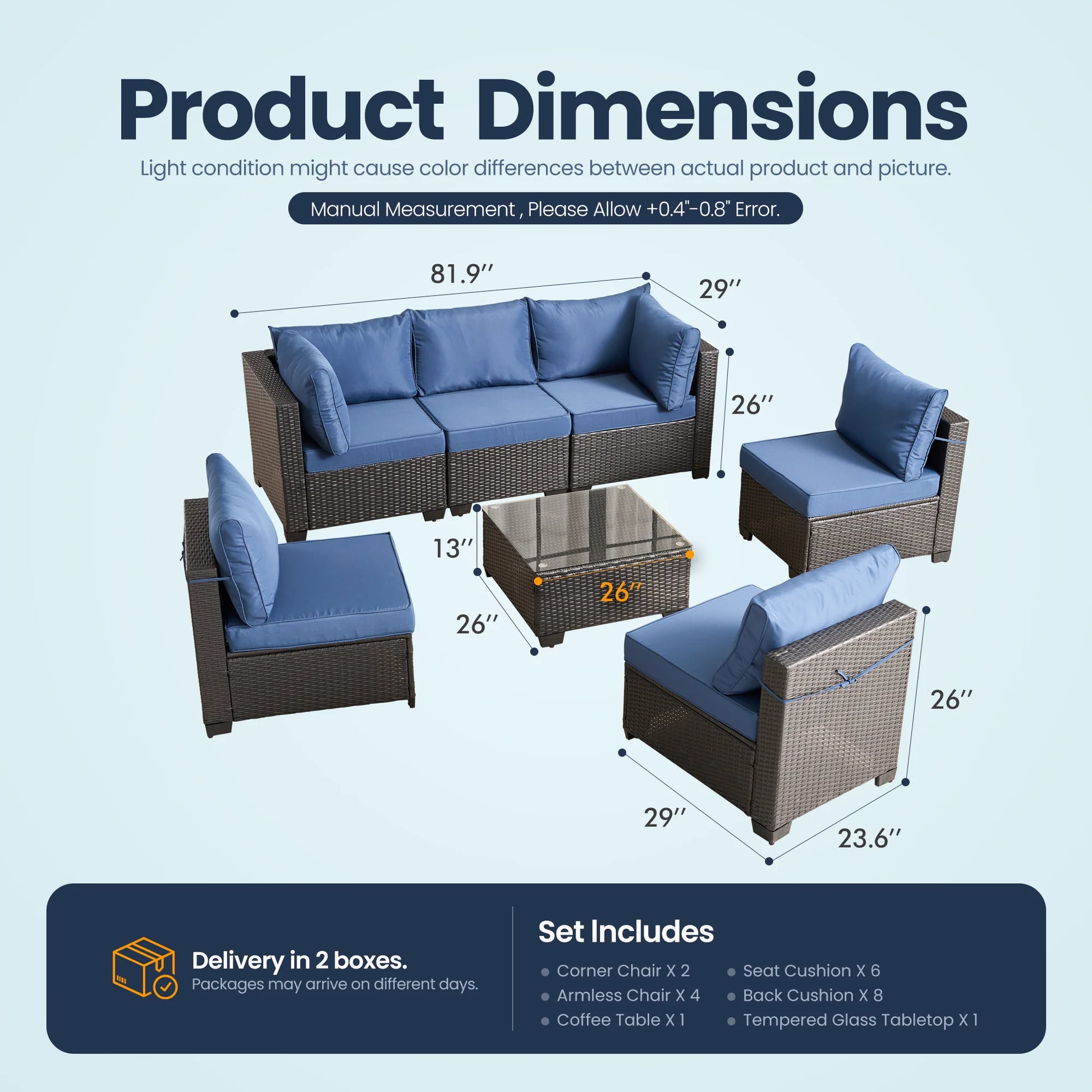 7 Pieces Wicker Conversation Set Outdoor Sectional Sofa with Coffee Table Dark Blue