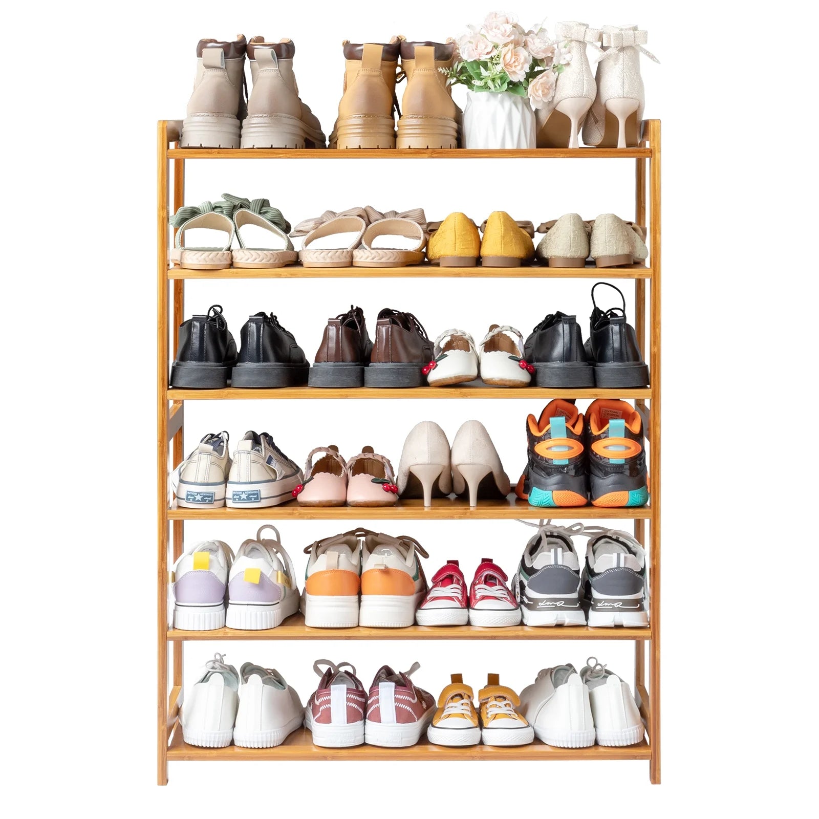 6 Tier Natural Wood Bamboo Storage Shoe Rack 