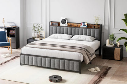 Upholstered Queen Bed Frame with Storage Headboard and Charging Station Black
