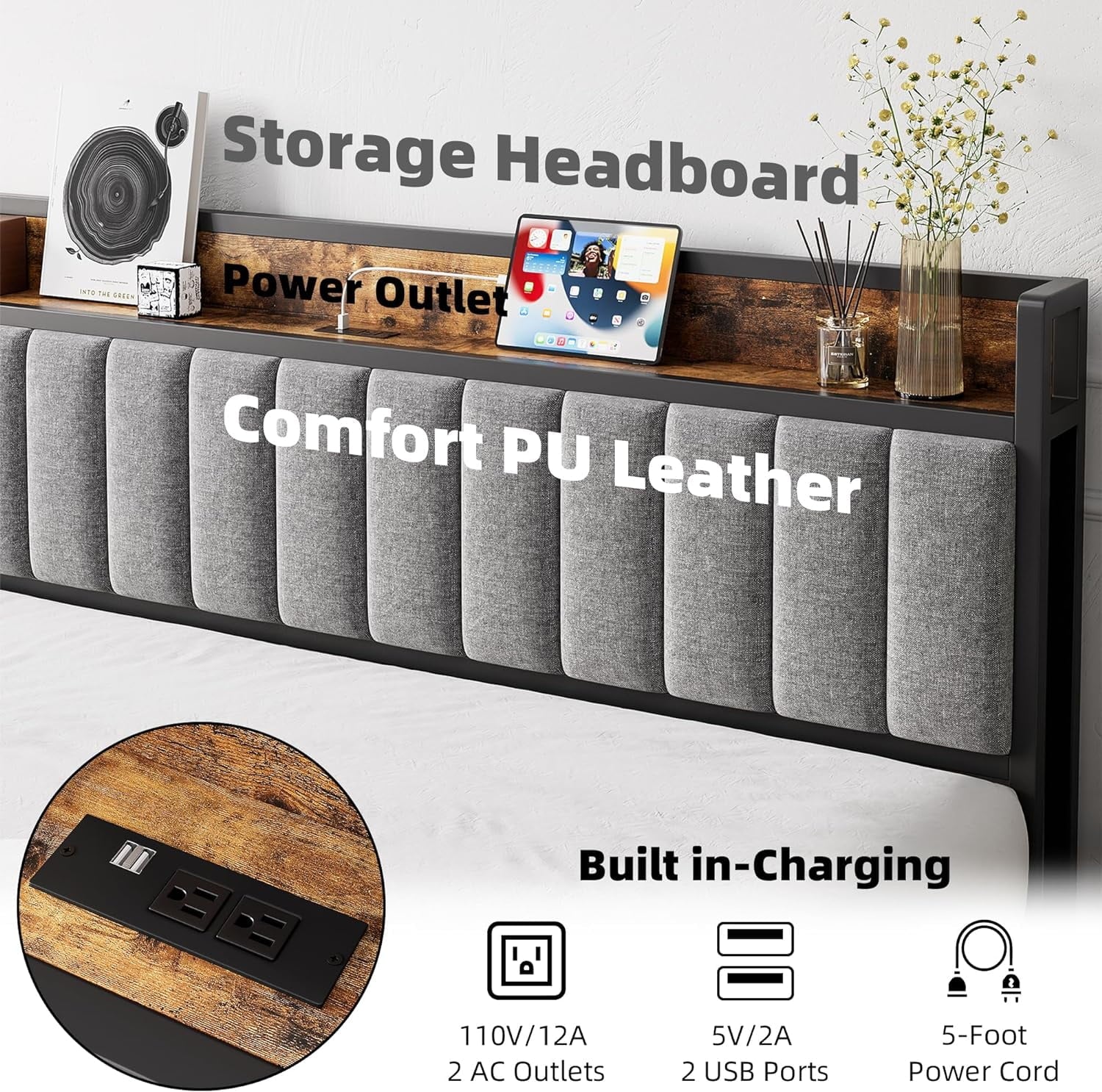 Upholstered Queen Bed Frame with Storage Headboard and Charging Station Black