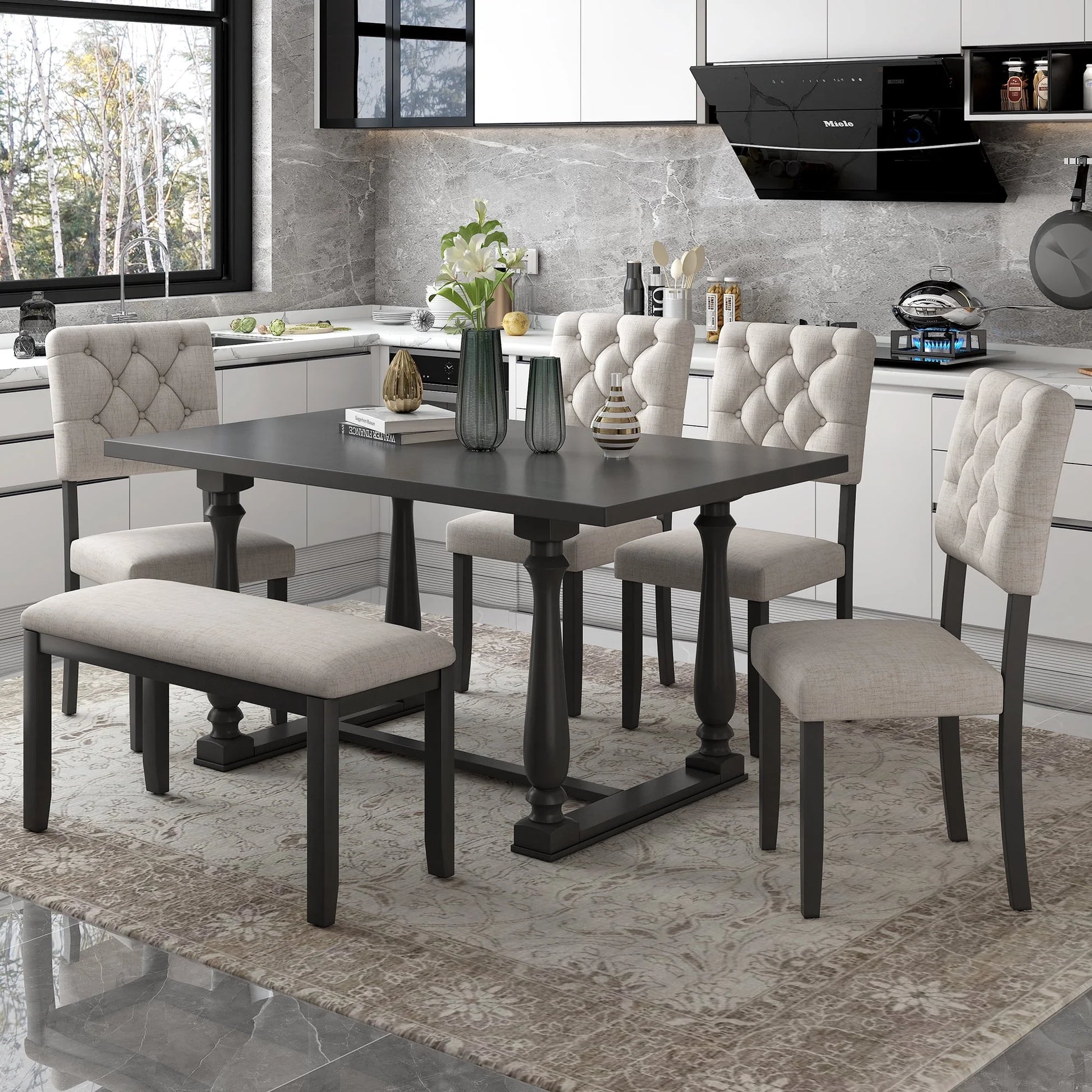  Farmhouse Dining Table Set 4 Cushioned Chairs Gray