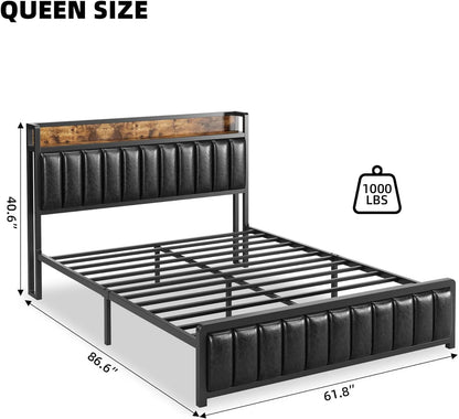 Upholstered Queen Bed Frame with Storage Headboard and Charging Station Black