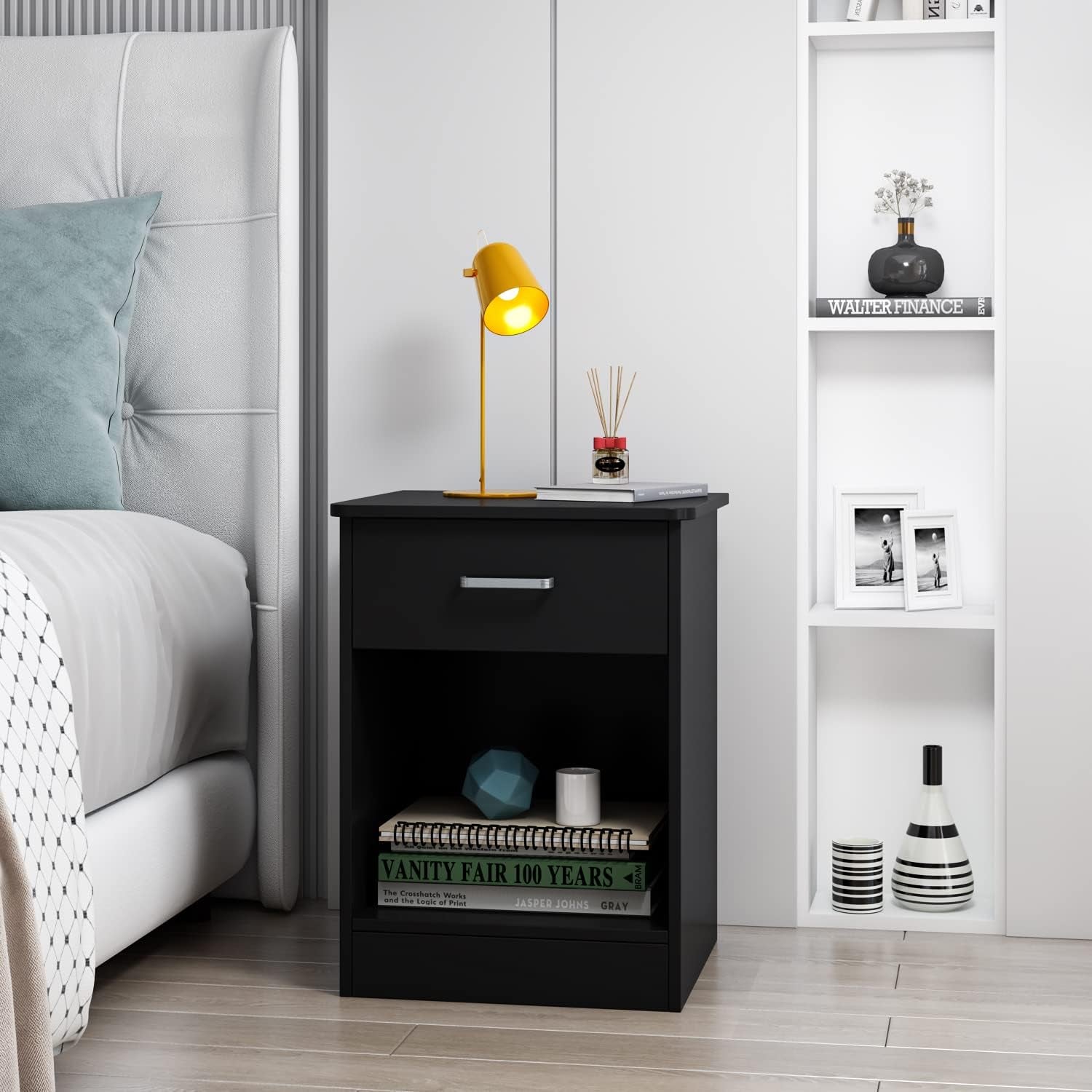Modern Bedside Night Stand with Drawer and Storage Cabinet, Black