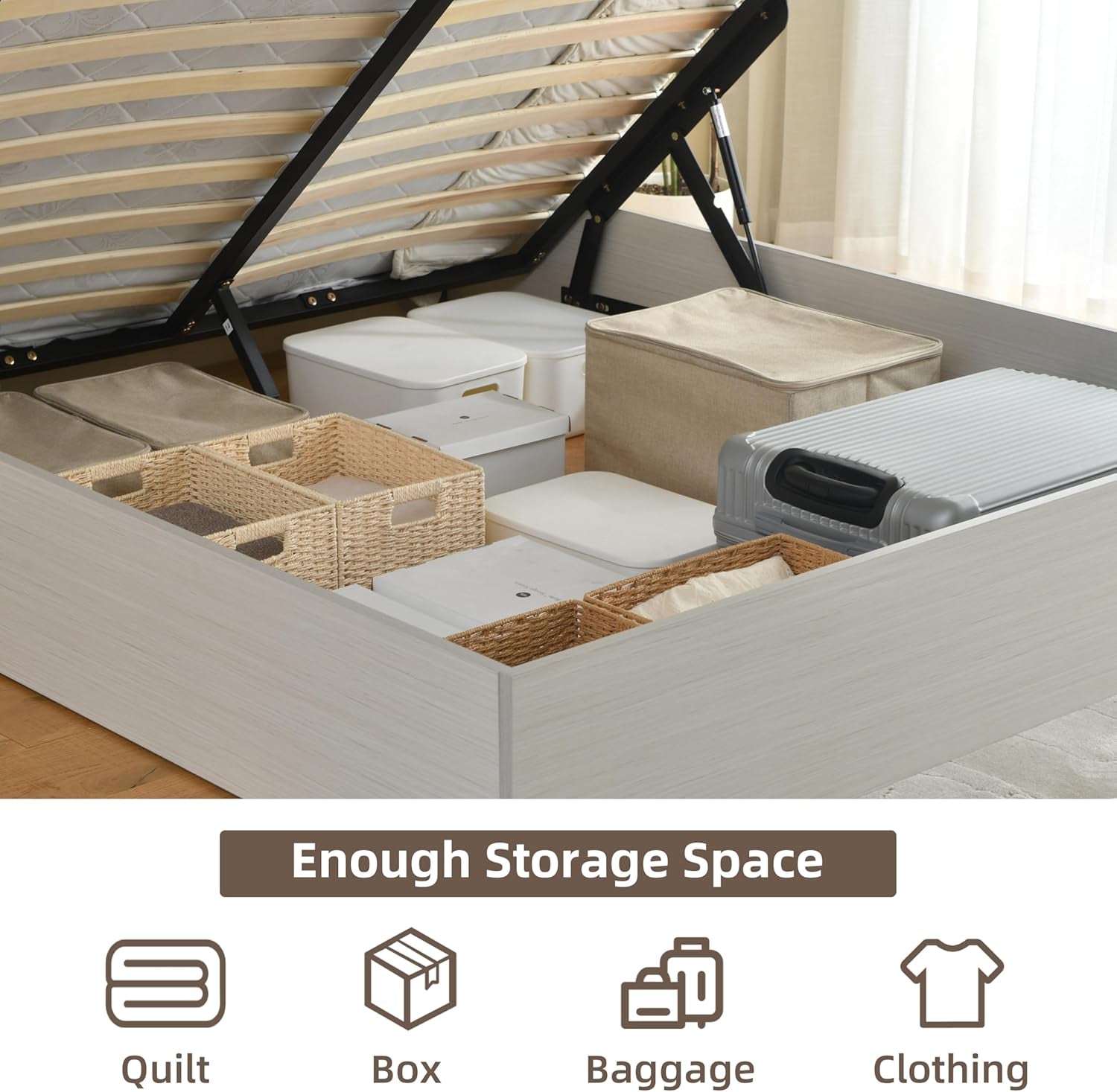  Rustic off White Queen Size Lift up Storage Platform Bed Frame