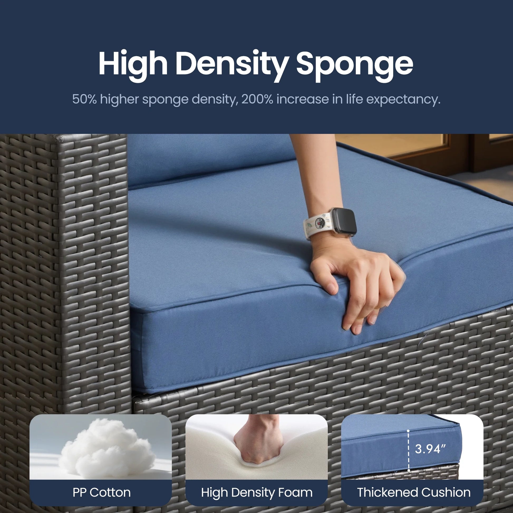 7 Pieces Wicker Conversation Set Outdoor Sectional Sofa with Coffee Table Dark Blue