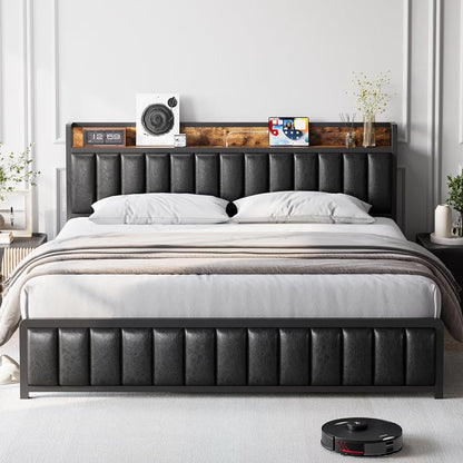 Upholstered Queen Bed Frame with Storage Headboard and Charging Station Black