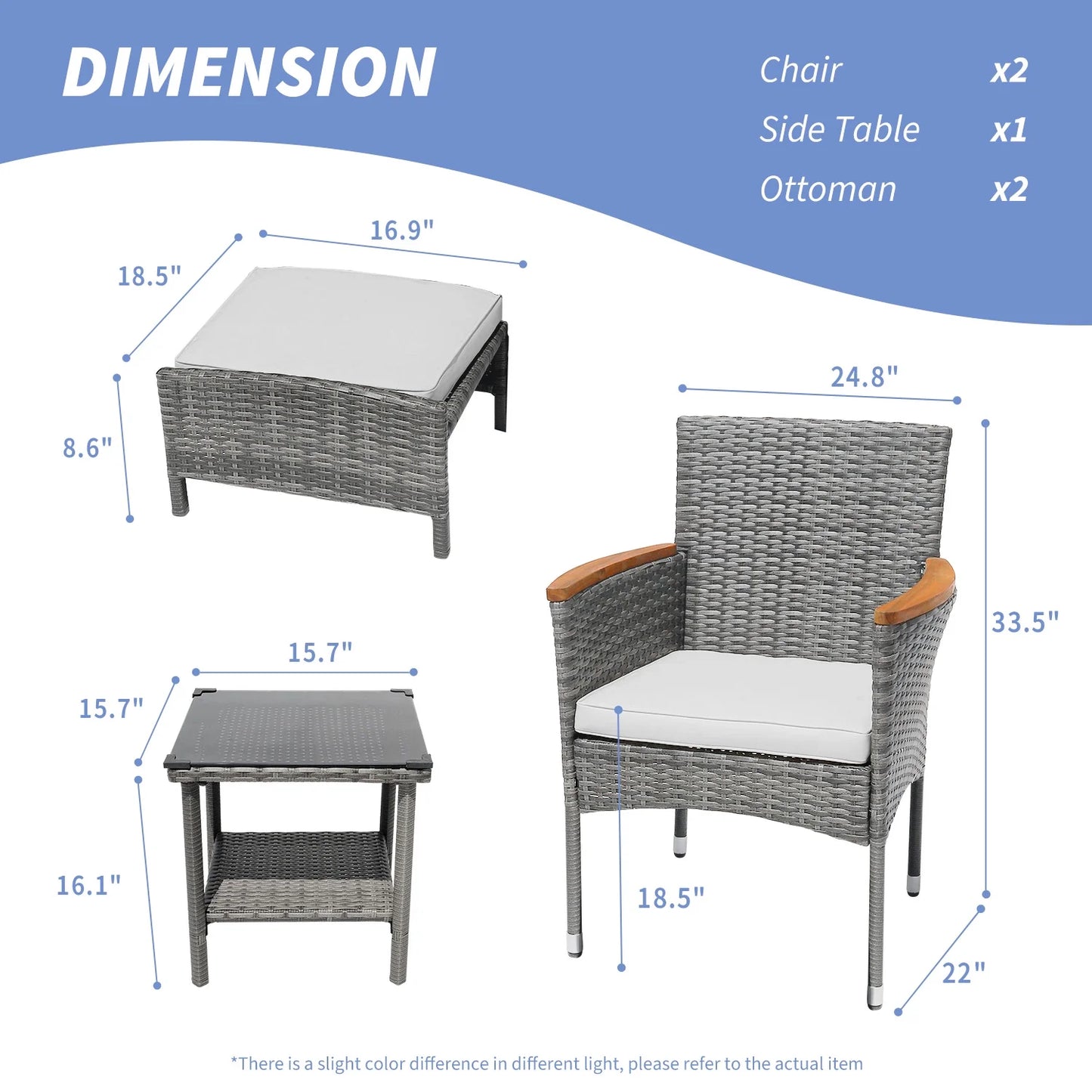 Table&Ottoman Outdoor Furniture Patio Set Bistro Wicker Patio Set (Gray Wicker&Gray Cushion)