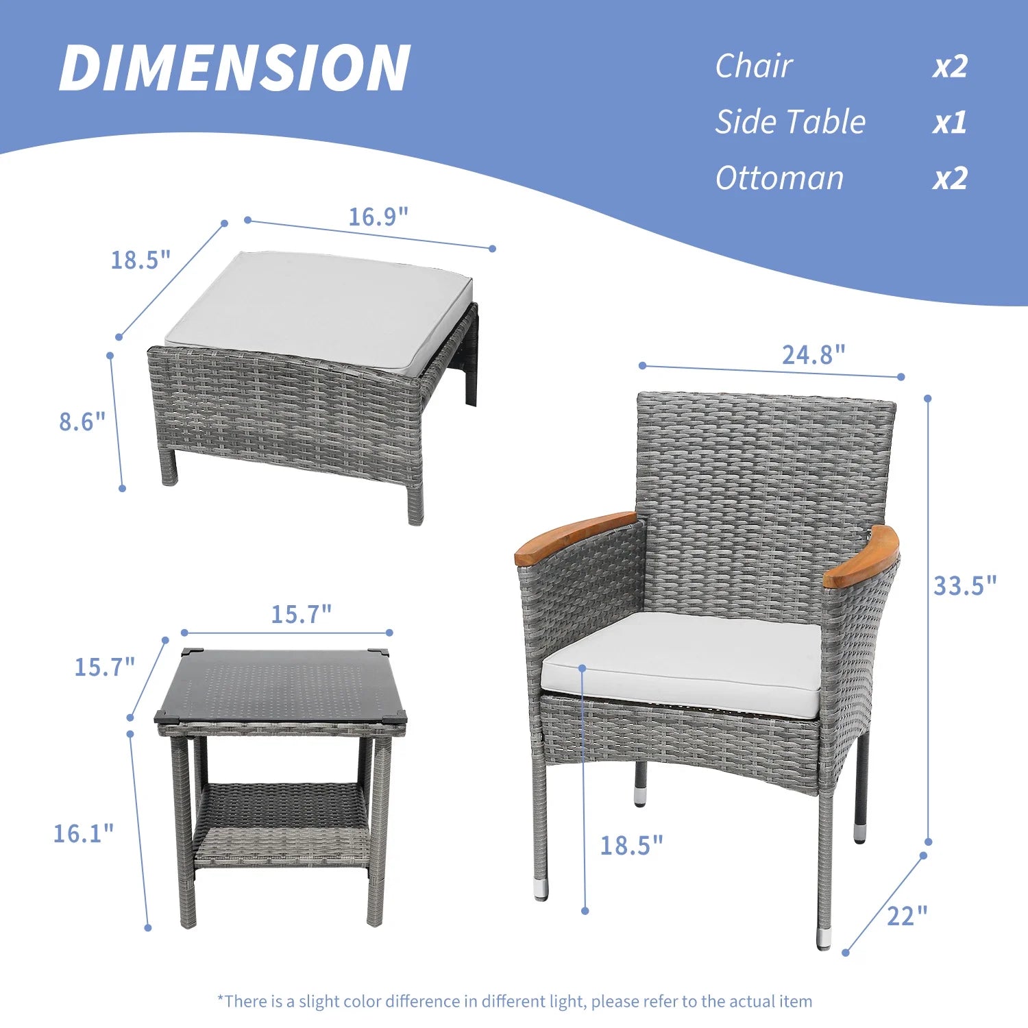 Table&Ottoman Outdoor Furniture Patio Set Bistro Wicker Patio Set (Gray Wicker&Gray Cushion)