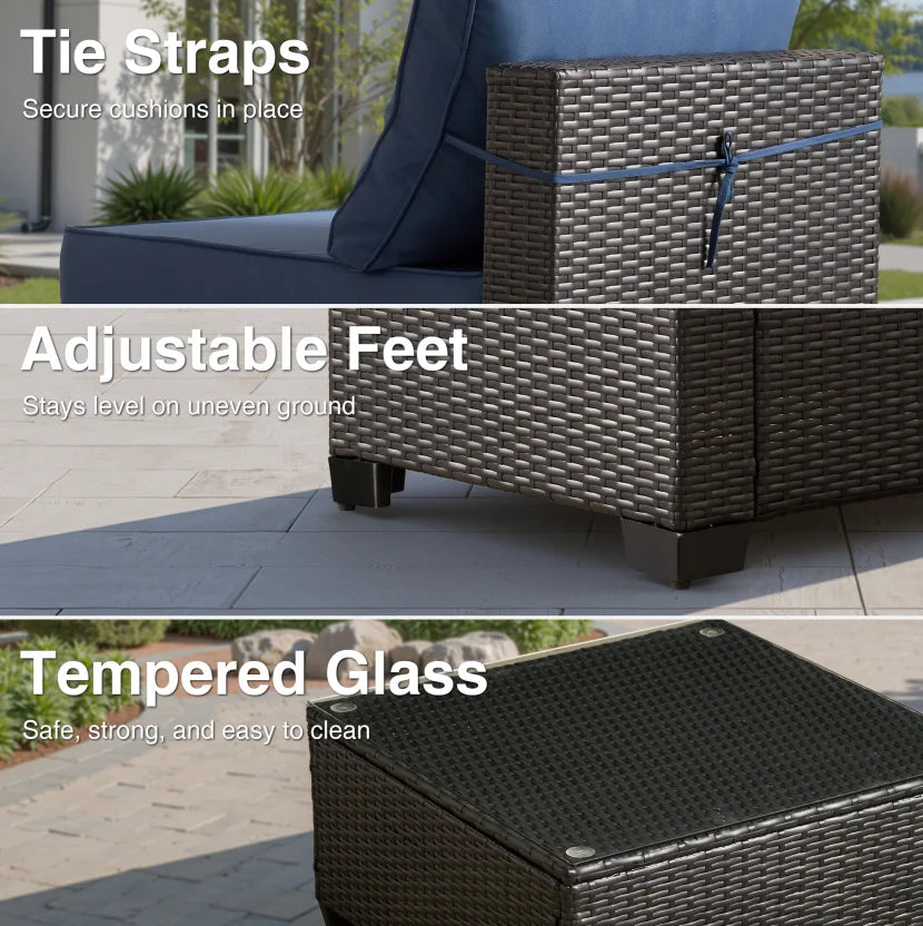 7 Pieces Wicker Conversation Set Outdoor Sectional Sofa with Coffee Table Dark Blue