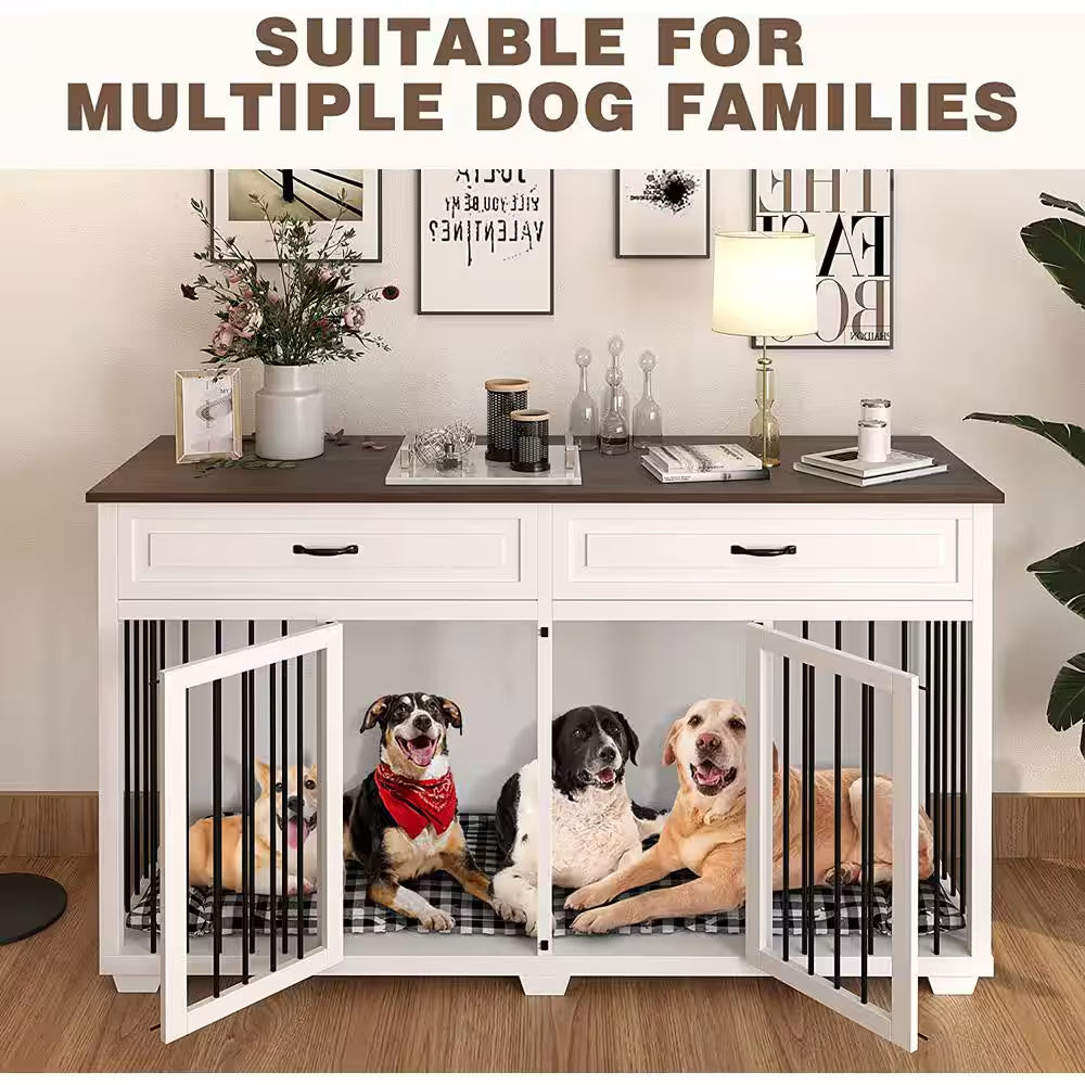 White Wooden Accent Storage Cabinet with Dog Crates Cage 
