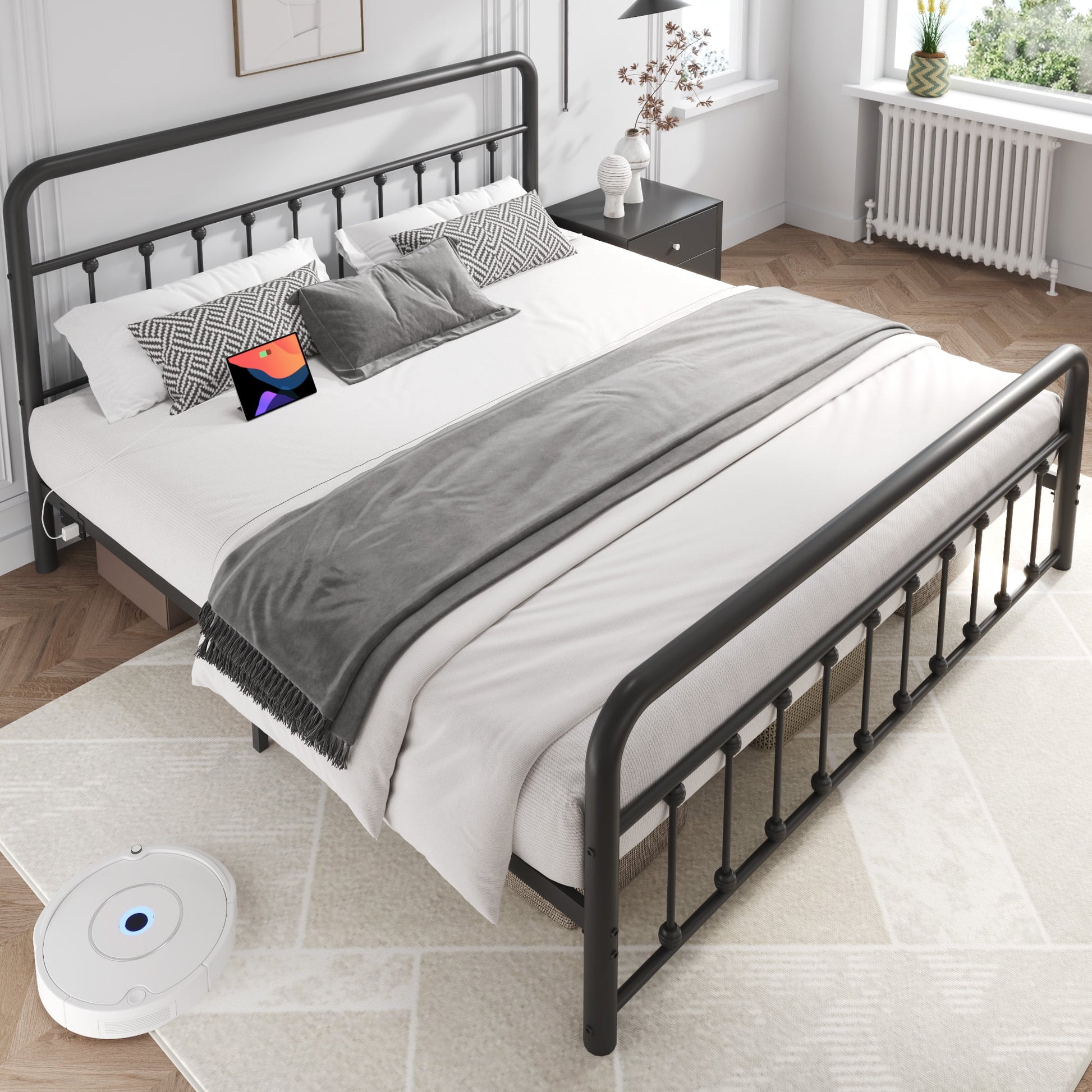 Classic Metal Platform Bed Frame, King, with USB Port & LED