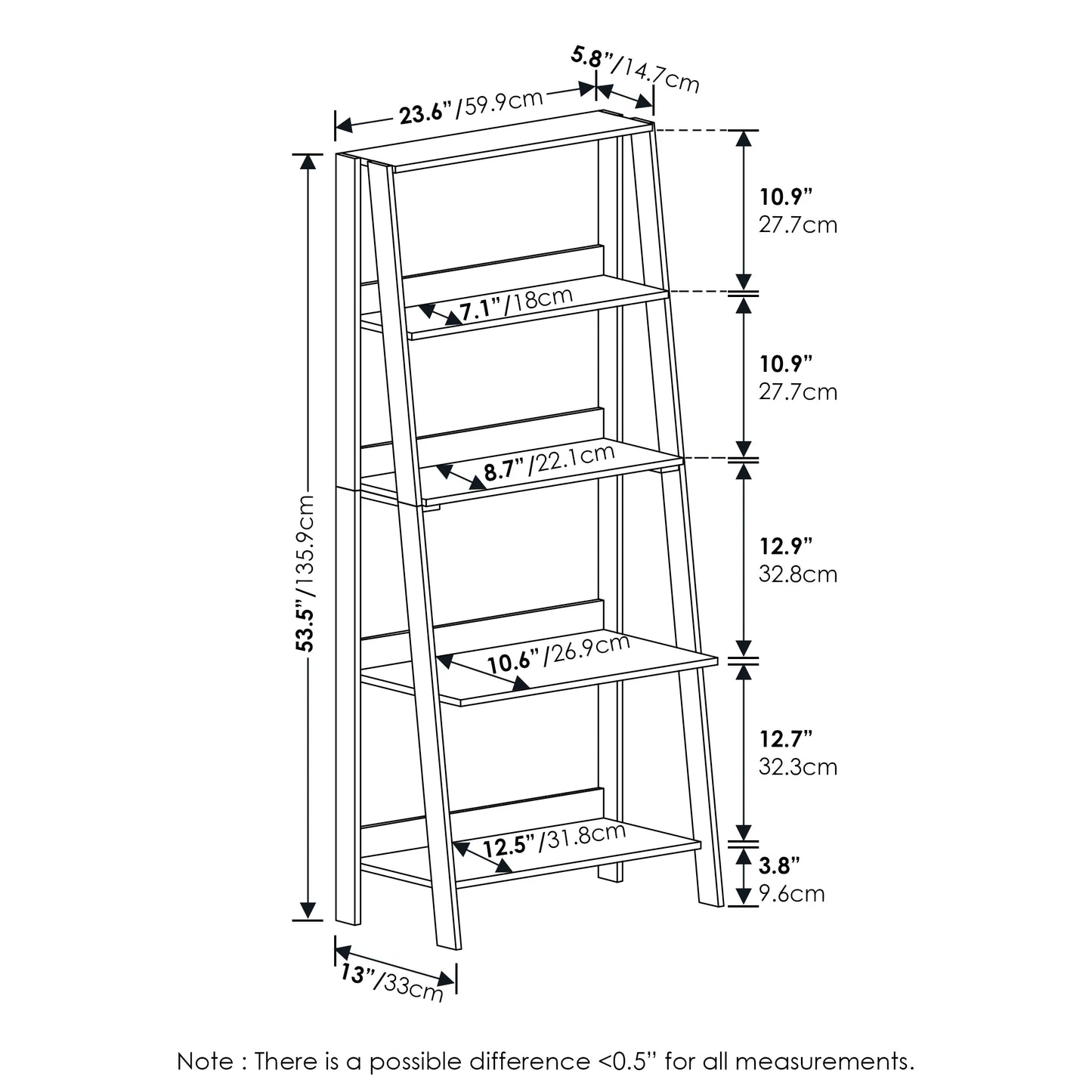 5-Tier Ladder Bookcase Display Shelf, Espresso