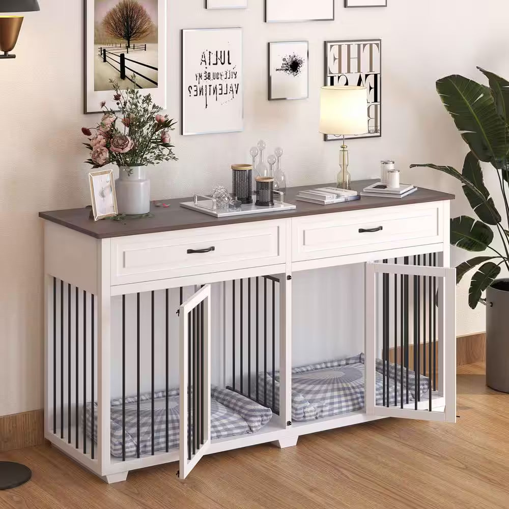 White Wooden Accent Storage Cabinet with Dog Crates Cage 