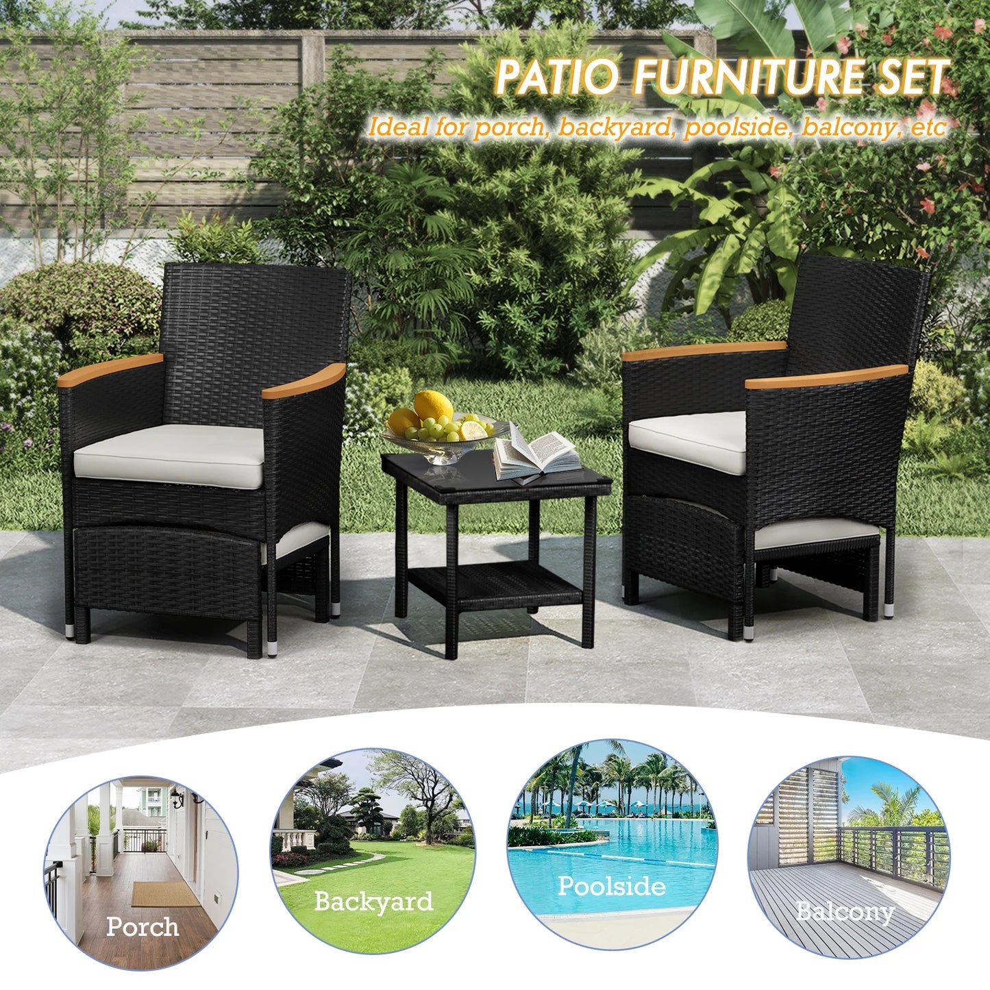 Bistro Wicker Patio Set (Black Wicker&White Cushion)