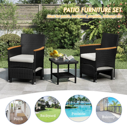 Bistro Wicker Patio Set (Black Wicker&White Cushion)