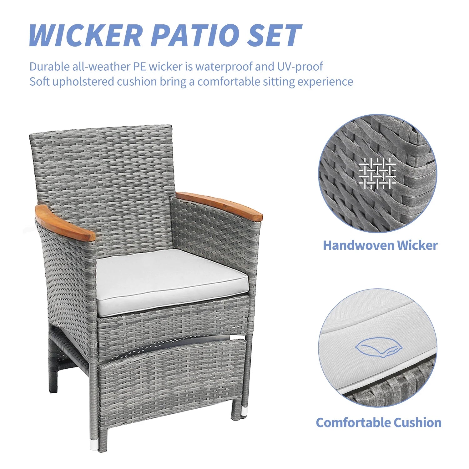 Table&Ottoman Outdoor Furniture Patio Set Bistro Wicker Patio Set (Gray Wicker&Gray Cushion)
