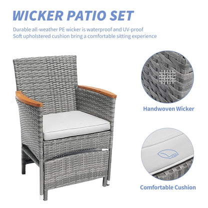 Table&Ottoman Outdoor Furniture Patio Set Bistro Wicker Patio Set (Gray Wicker&Gray Cushion)