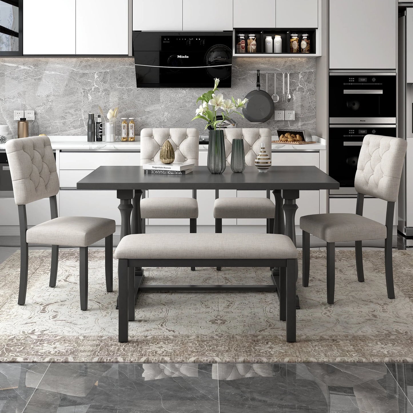  Farmhouse Dining Table Set 4 Cushioned Chairs Gray