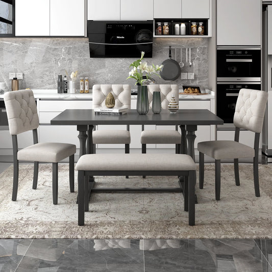  Farmhouse Dining Table Set 4 Cushioned Chairs Gray