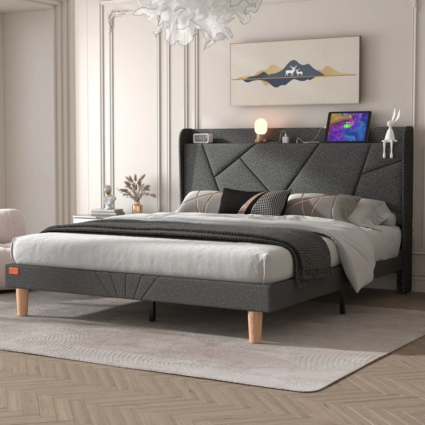 Wingback King Upholstered Platform Bed Dark Gray