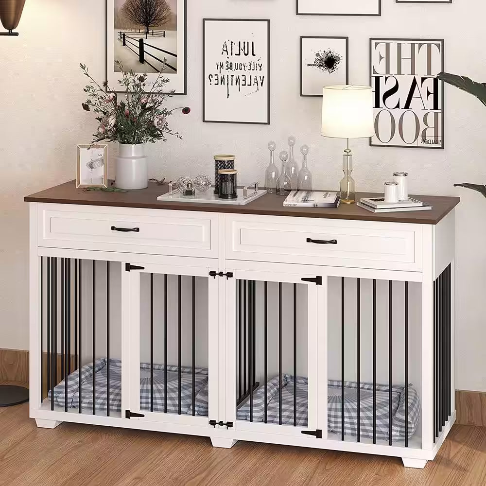 White Wooden Accent Storage Cabinet with Dog Crates Cage 