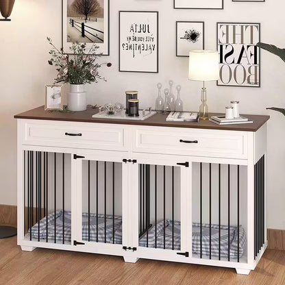 White Wooden Accent Storage Cabinet with Dog Crates Cage 