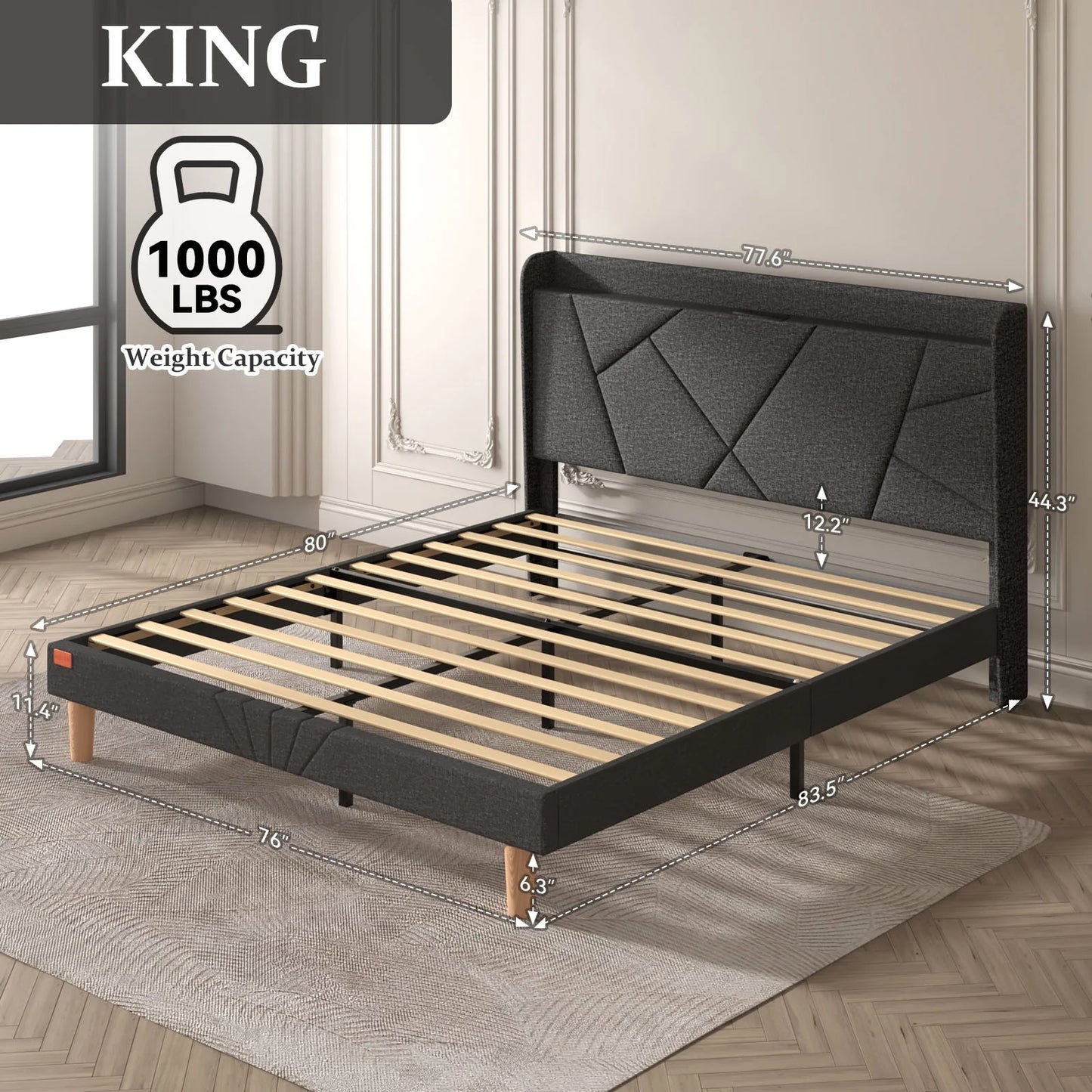 Wingback King Upholstered Platform Bed Dark Gray