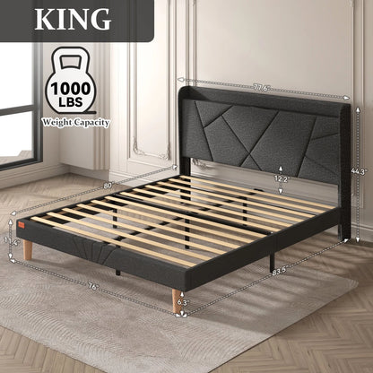 Wingback King Upholstered Platform Bed Dark Gray