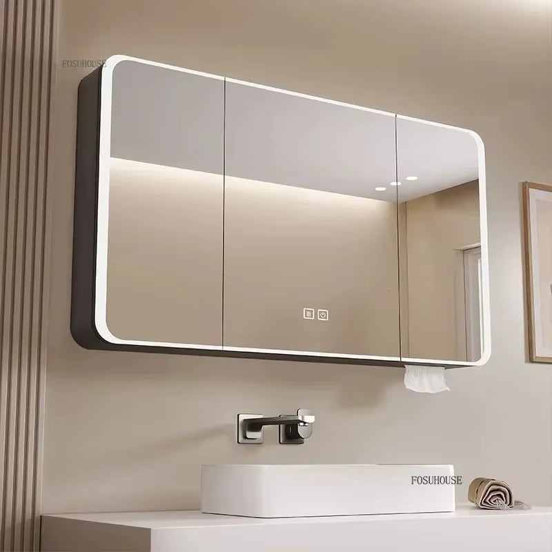Minimalist Modern Arc-Shaped Smart Bathroom Mirror Cabinets Home Furniture Wall-Mounted Bathroom Mirror Cabinet with Lighting B