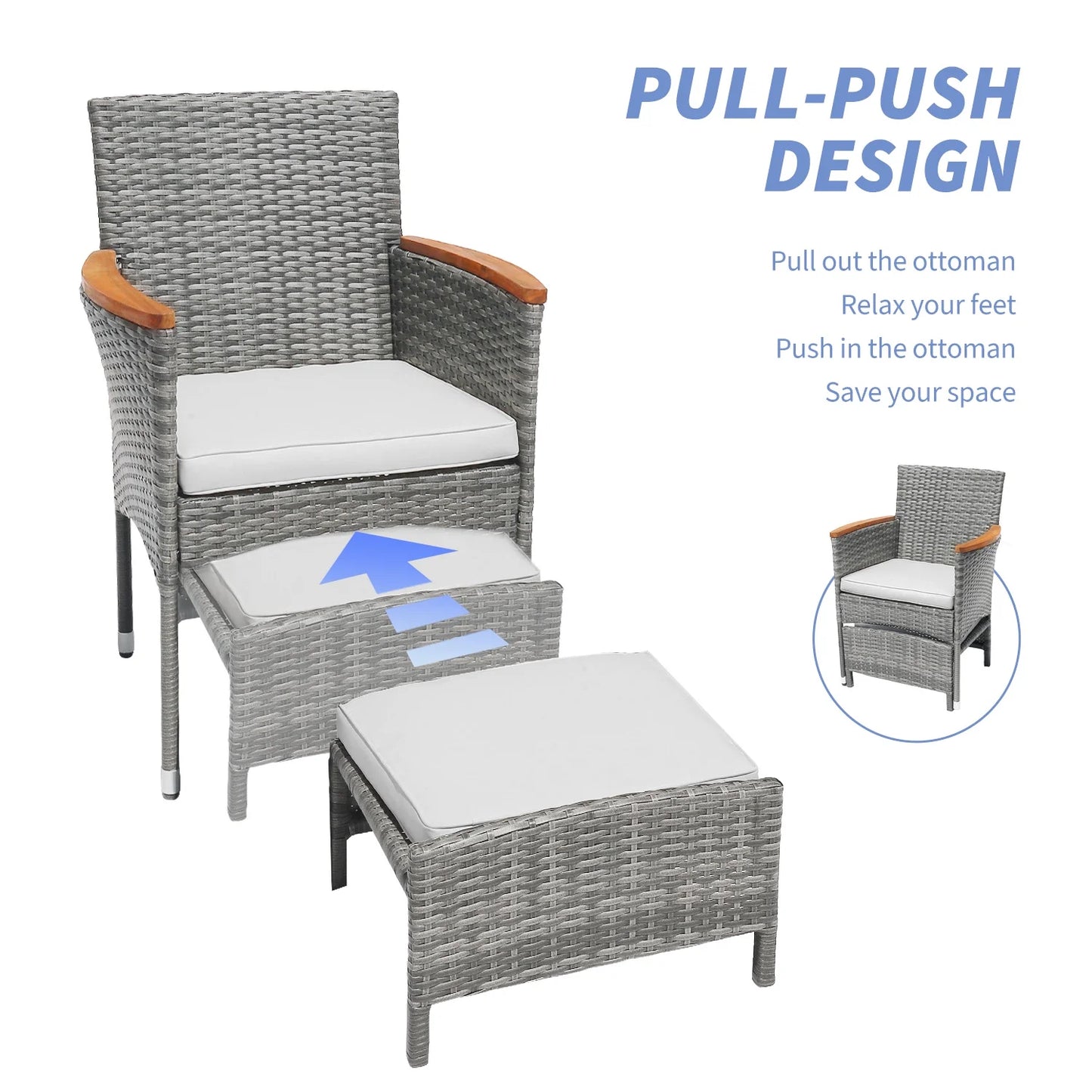 Table&Ottoman Outdoor Furniture Patio Set Bistro Wicker Patio Set (Gray Wicker&Gray Cushion)