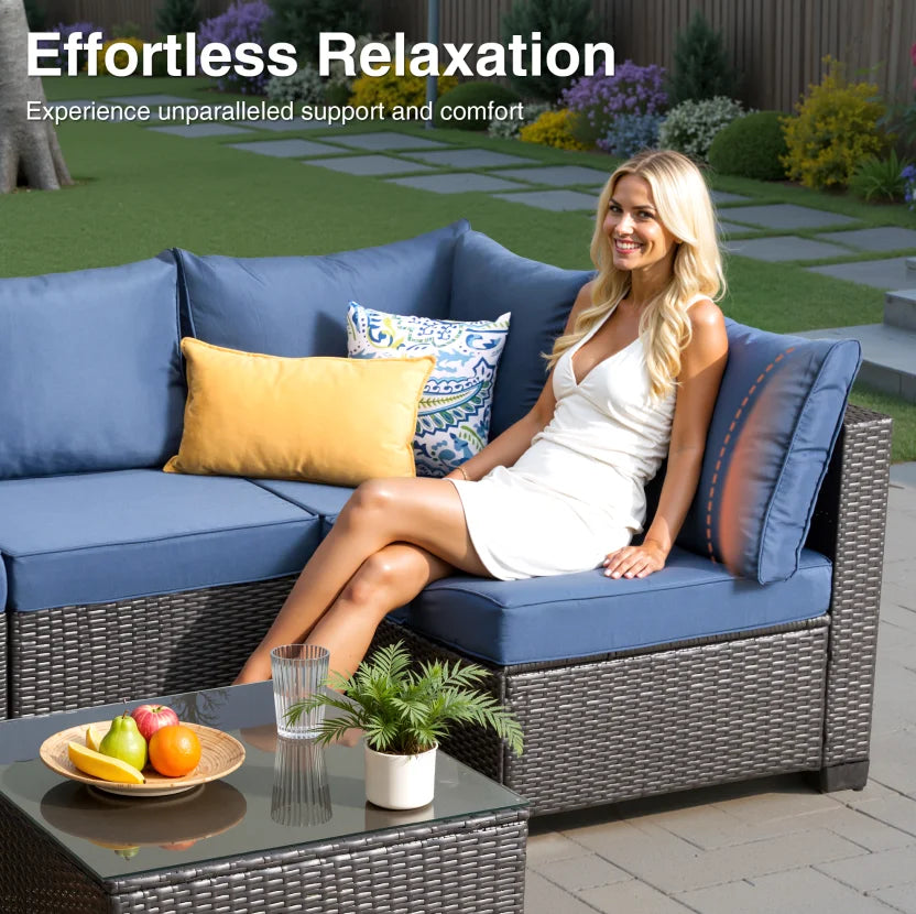 7 Pieces Wicker Conversation Set Outdoor Sectional Sofa with Coffee Table Dark Blue