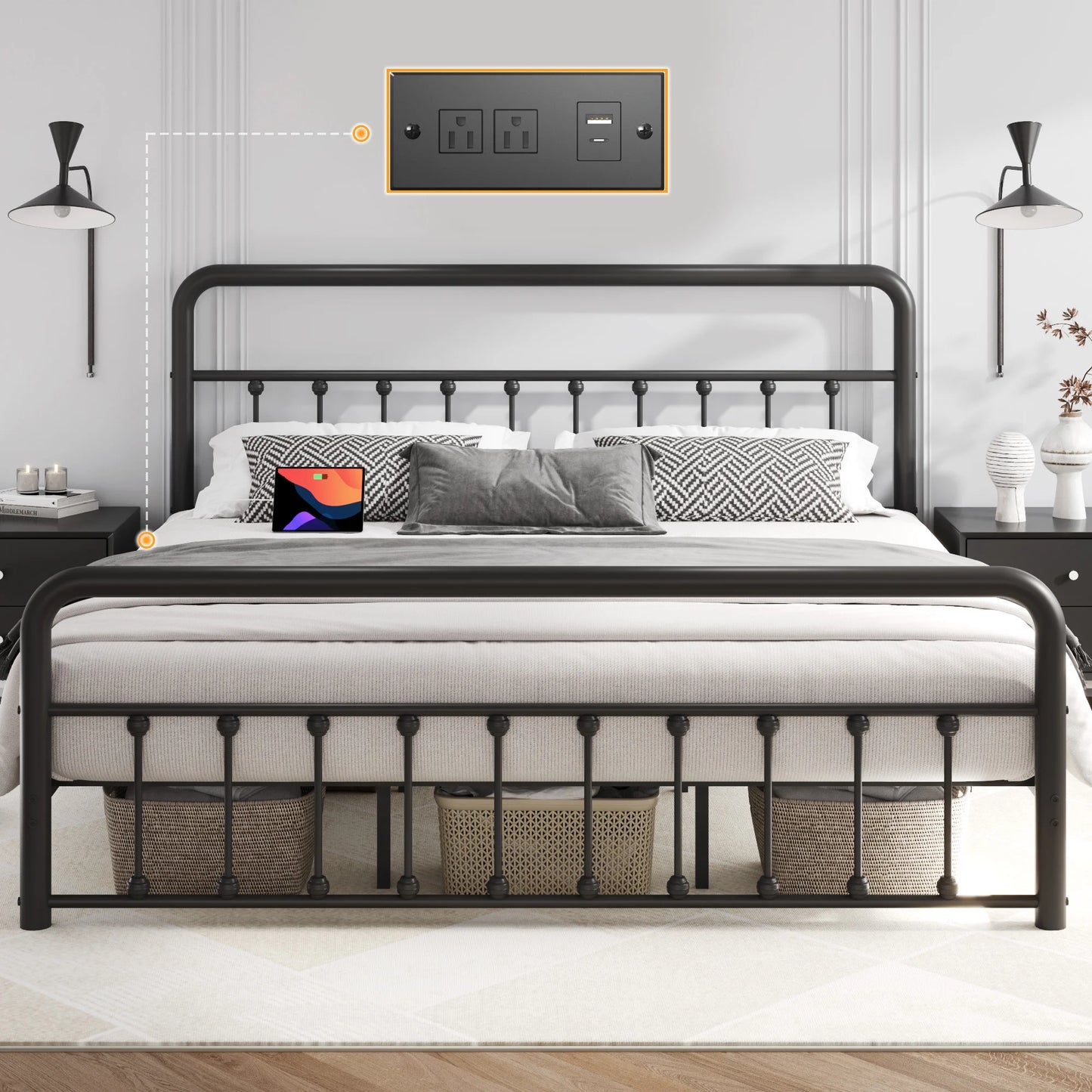 Classic Metal Platform Bed Frame, King, with USB Port & LED