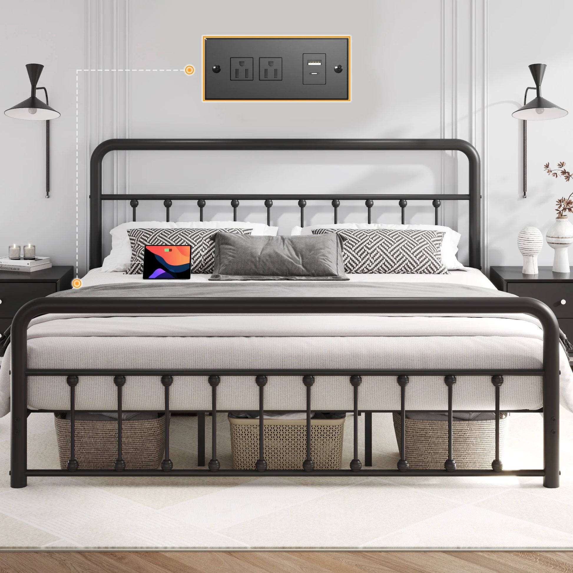 Classic Metal Platform Bed Frame, King, with USB Port & LED