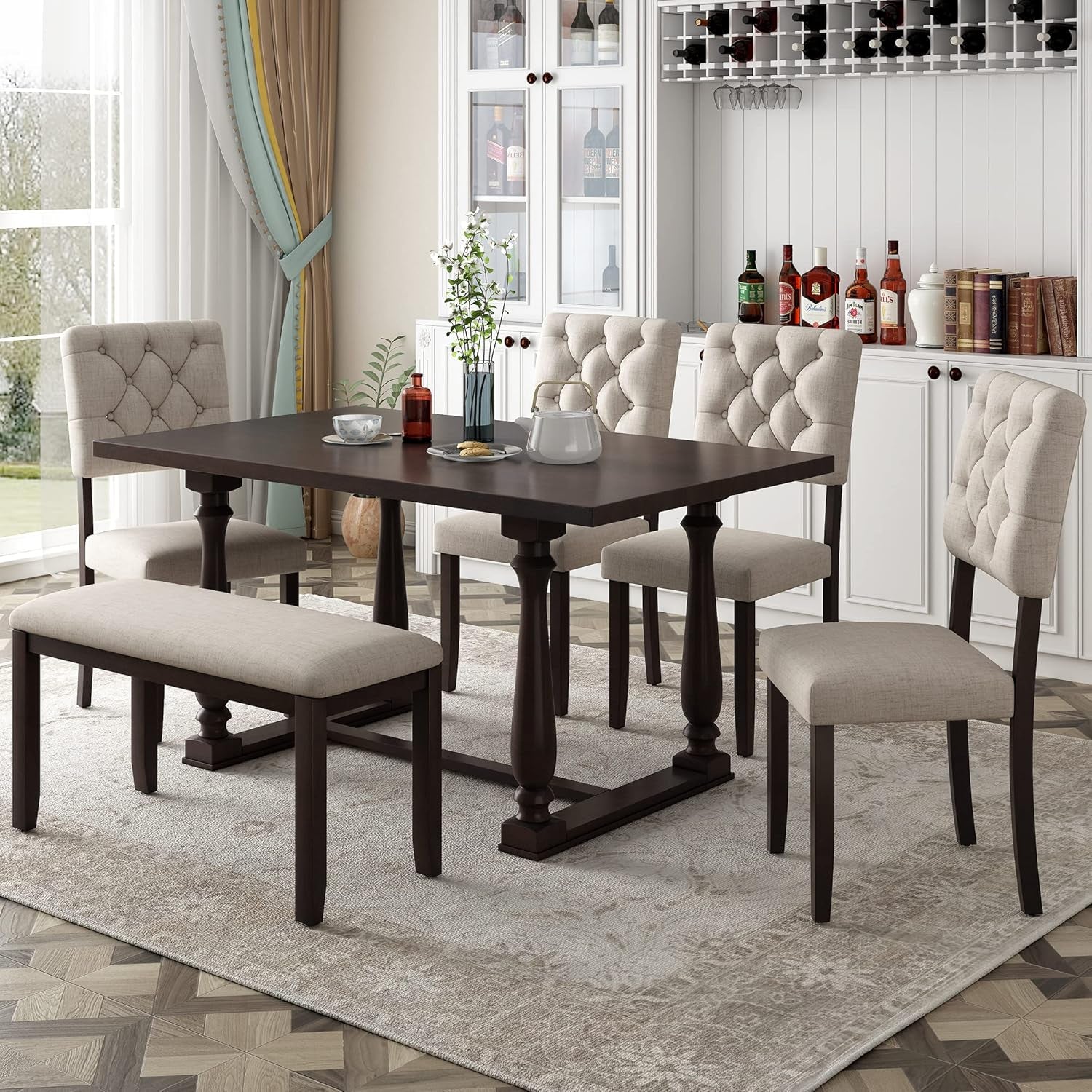 6 Piece Dining Table Set Espresso and Beige