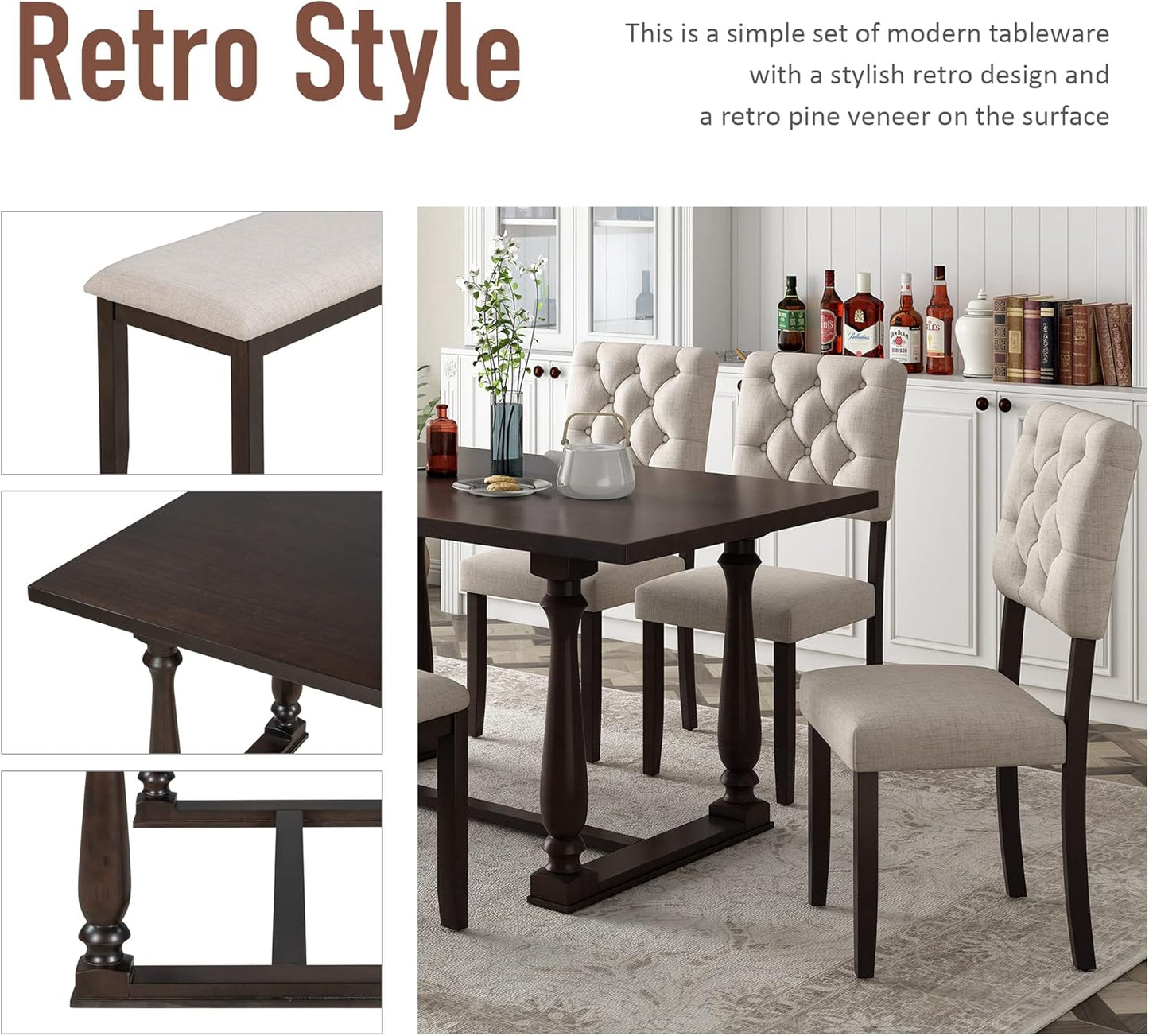 6 Piece Dining Table Set Espresso and Beige